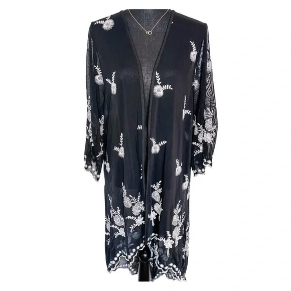 Pins and Needles Embroidered Black and White Sheer Kimono Size L - Picture 1 of 9